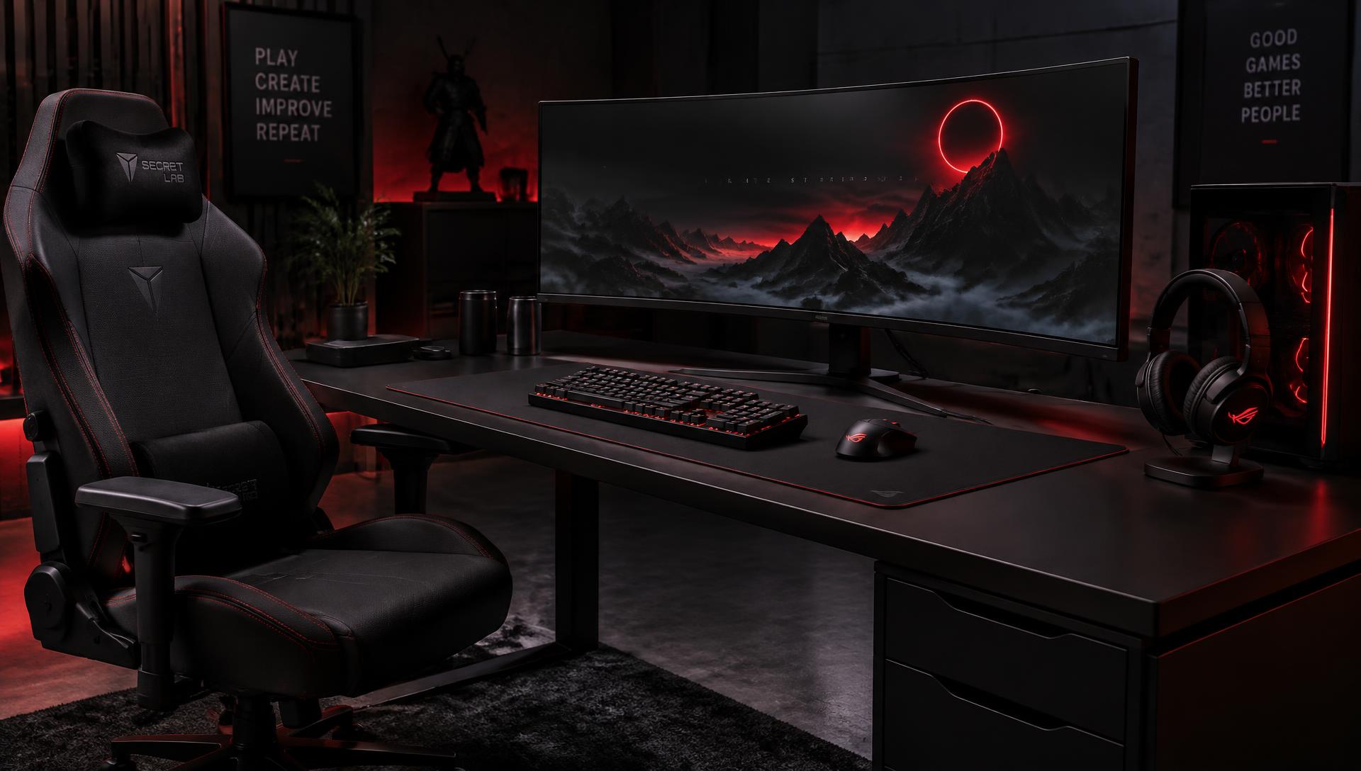 A complete TitanRyft gaming setup with desk, monitor, chair, and peripherals under red lighting
