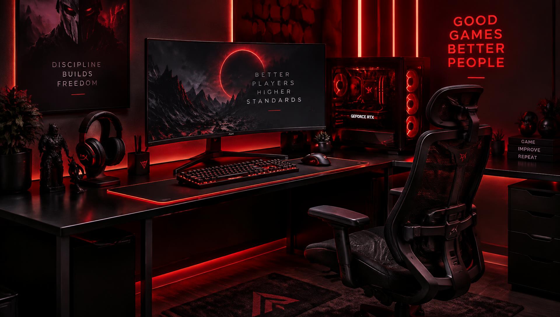Complete TitanRyft gaming setup with red accent lighting, corner desk, mesh chair and peripherals