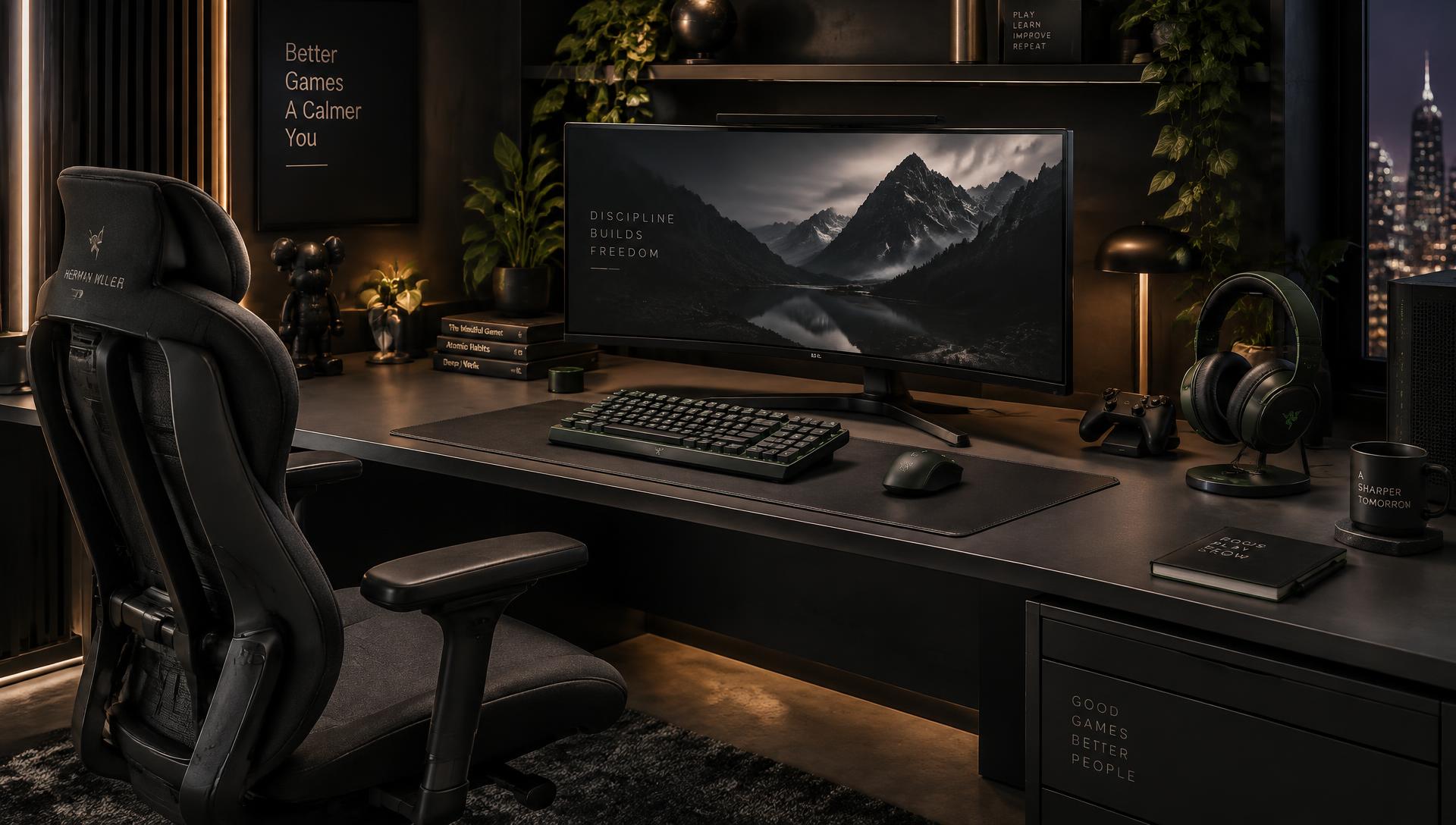 Premium TitanRyft gaming setup with wide desk, curved monitor, ergonomic chair and flagship peripherals