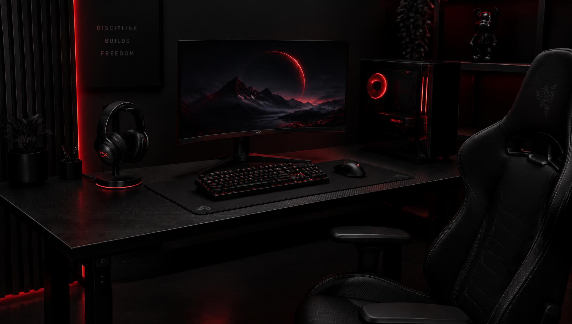 Complete all-black TitanRyft gaming setup with desk, curved monitor, chair and peripherals